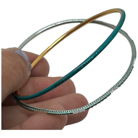 Sparkly Teal & Silver Rhinestone Bangle Set | Thin Stacking Bracelets - Picture 3 of 4